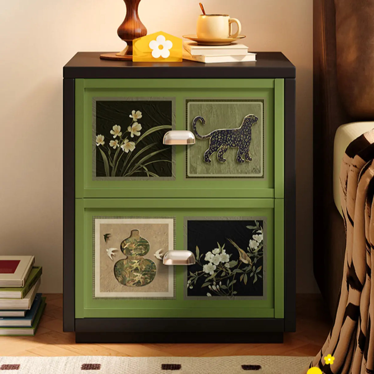 Vintage Green Nightstand with Artistic Drawer Panels Image - 5