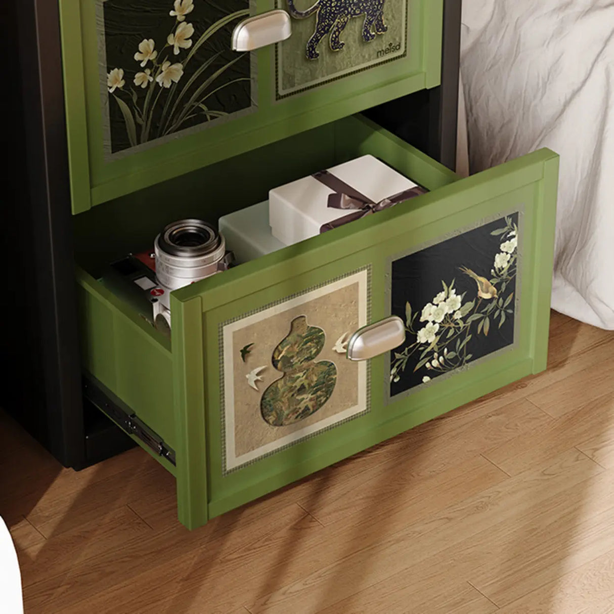 Vintage Green Nightstand with Artistic Drawer Panels Image - 6