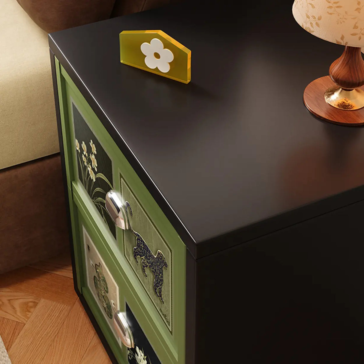 Vintage Green Nightstand with Artistic Drawer Panels Image - 7