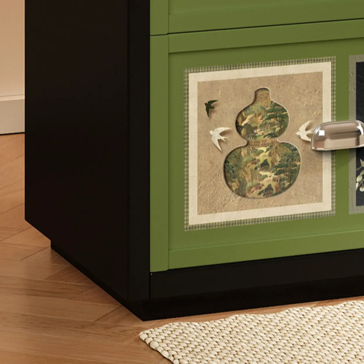 Vintage Green Nightstand with Artistic Drawer Panels Image - 8