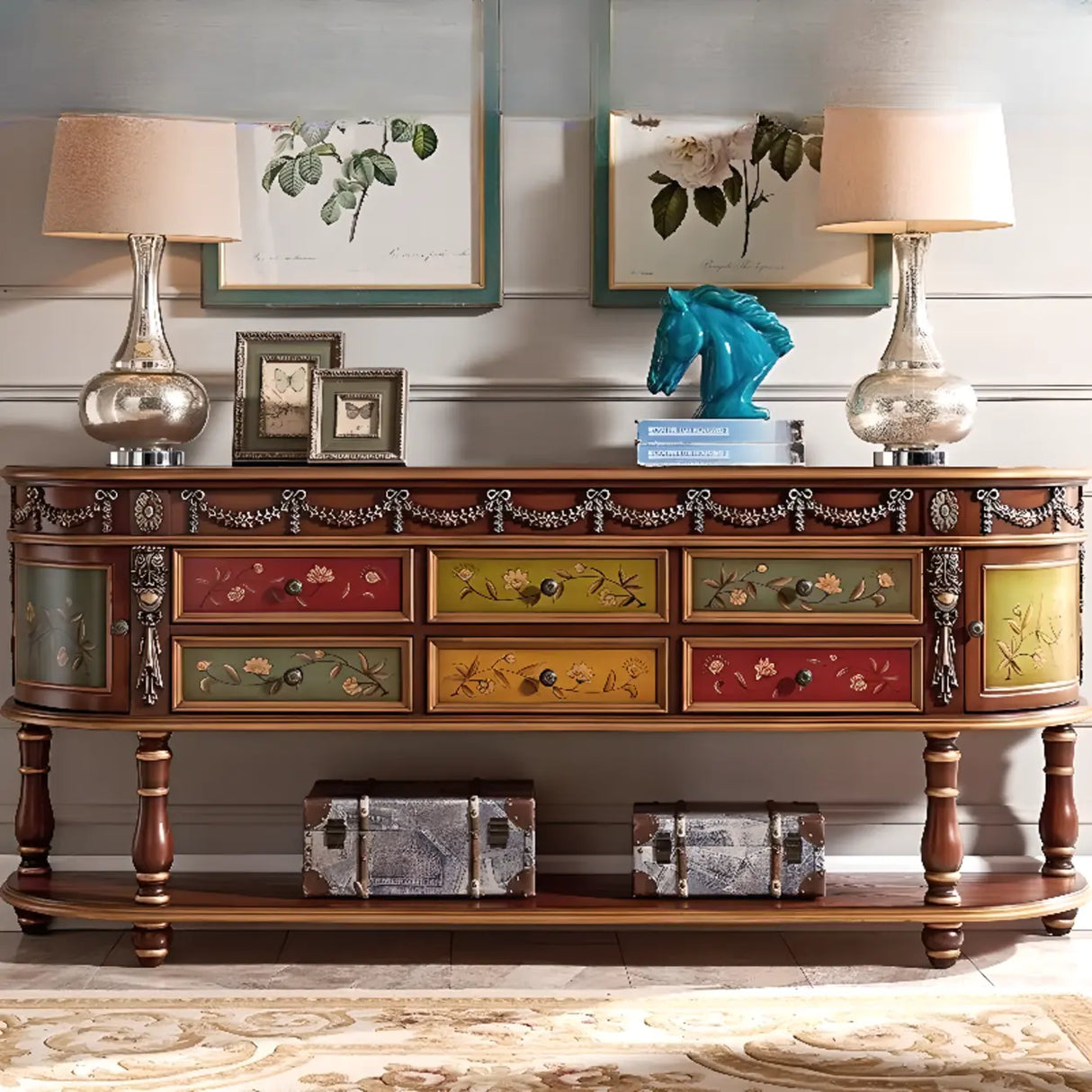 Vintage Half Moon Console Table with Floral Drawers Image - 5