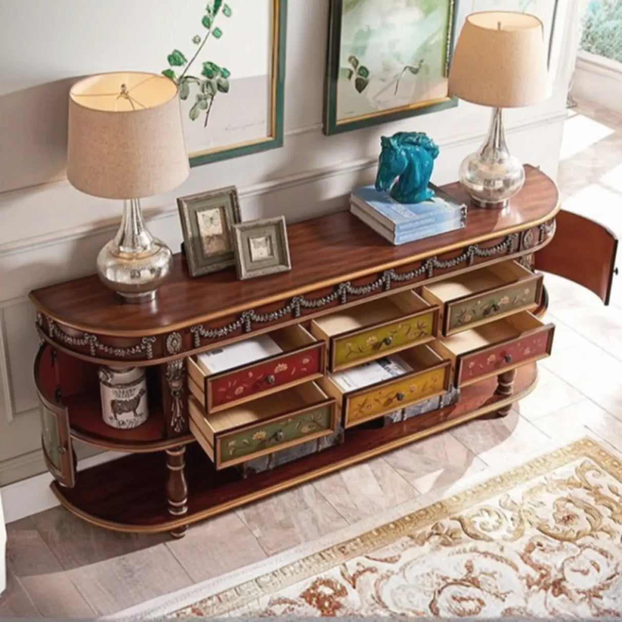 Vintage Half Moon Console Table with Floral Drawers Image - 6