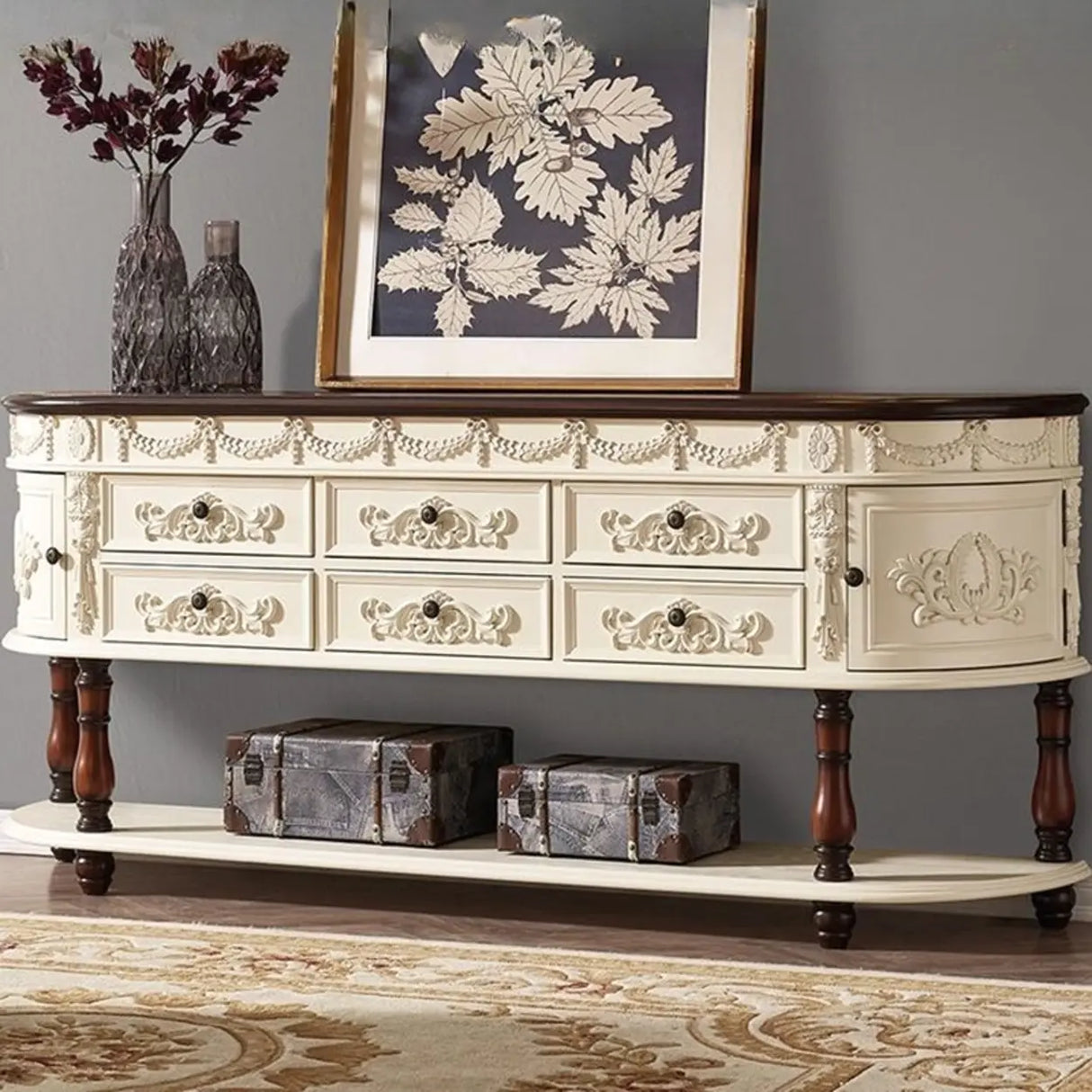 Vintage Half Moon Console Table with Floral Drawers Image - 7