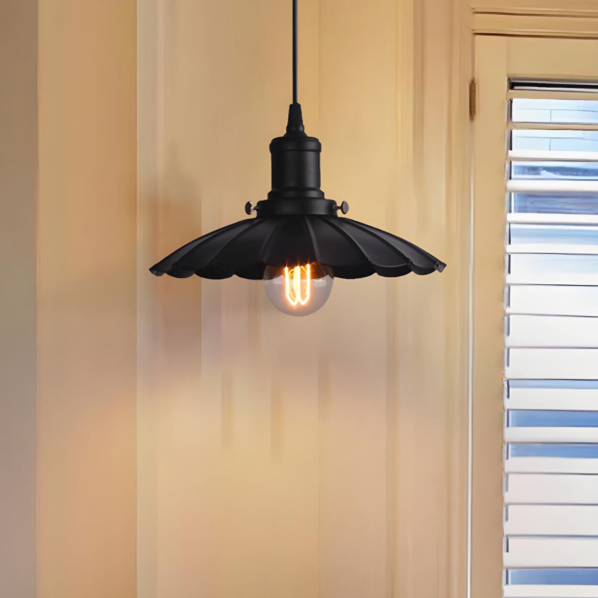Vintage Industrial Metal Black Scalloped Pendant Light Image - 2
