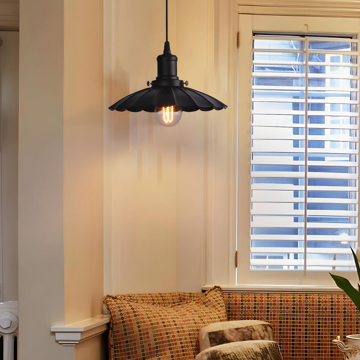 Vintage Industrial Metal Black Scalloped Pendant Light Image - 3