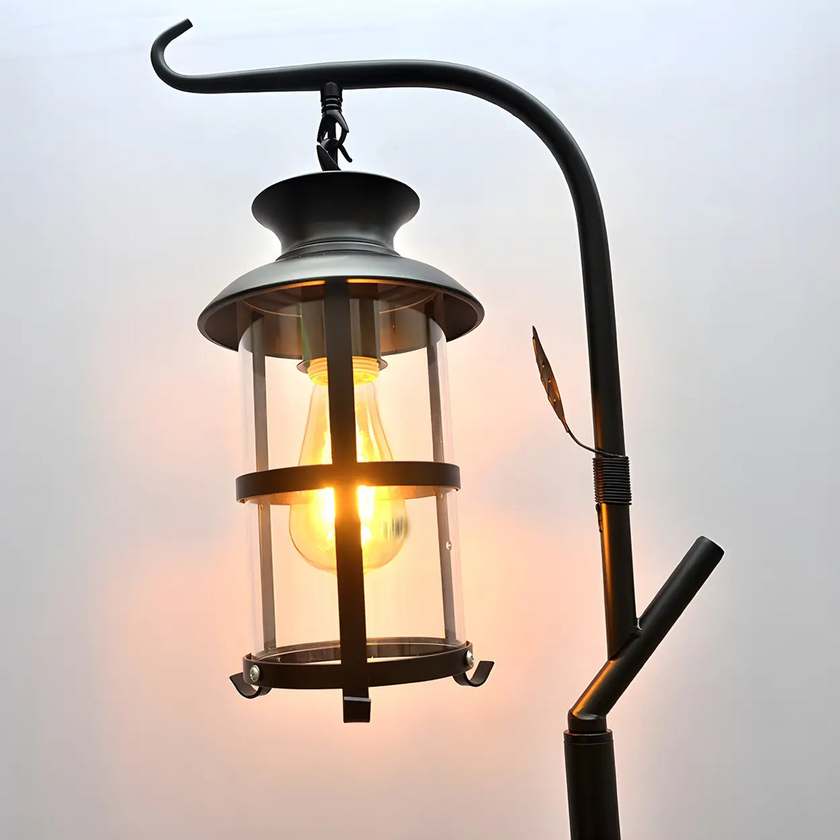 Vintage Lantern Black Metal Floor Lamp with Shelf Image - 4