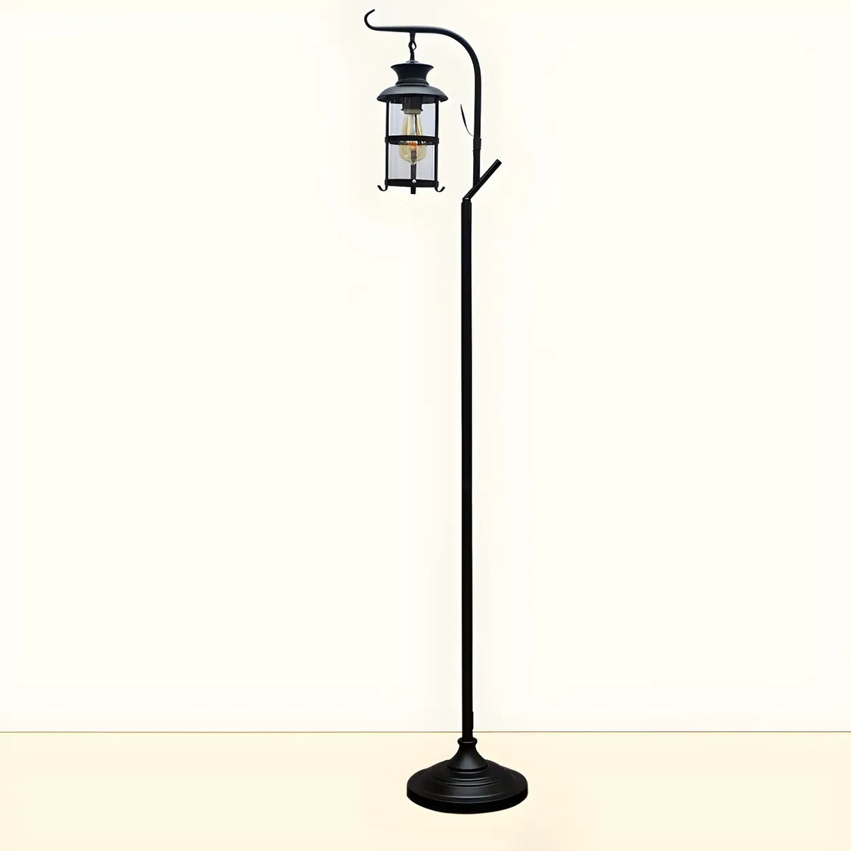Vintage Lantern Black Metal Floor Lamp with Shelf Image - 6