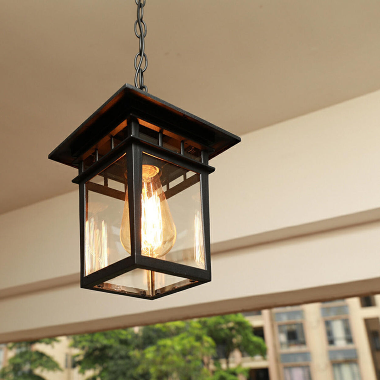 Vintage Lantern Clear Glass Outdoor Pendant Light Image - 1