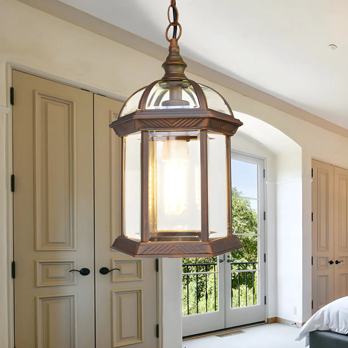 Vintage Lantern-Shaped Glass Outdoor Pendant Light Image - 1