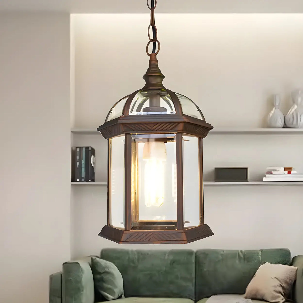 Vintage Lantern-Shaped Glass Outdoor Pendant Light Image - 11