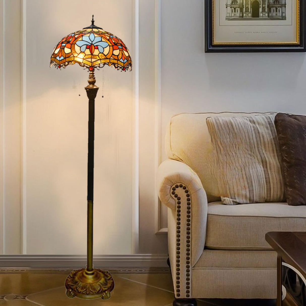 Vintage Modish Stained-Glass Dome Metal Floor Light Image - 11