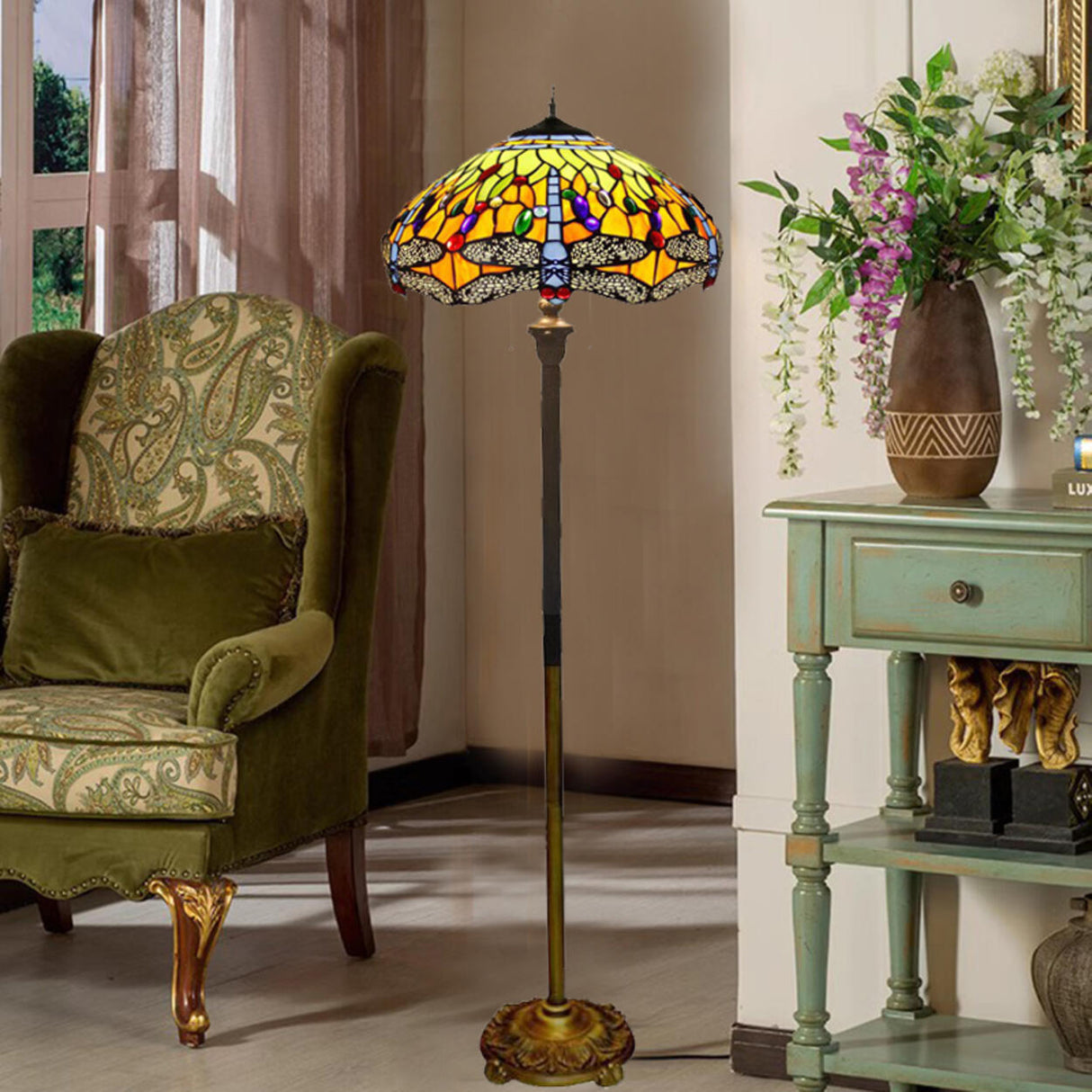 Vintage Modish Stained-Glass Dome Metal Floor Light Image - 19