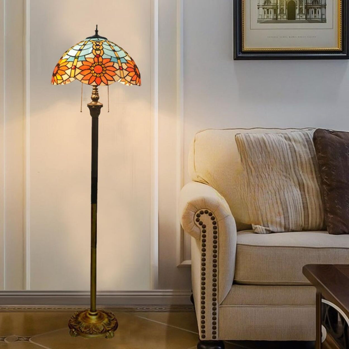 Vintage Modish Stained-Glass Dome Metal Floor Light Image - 4