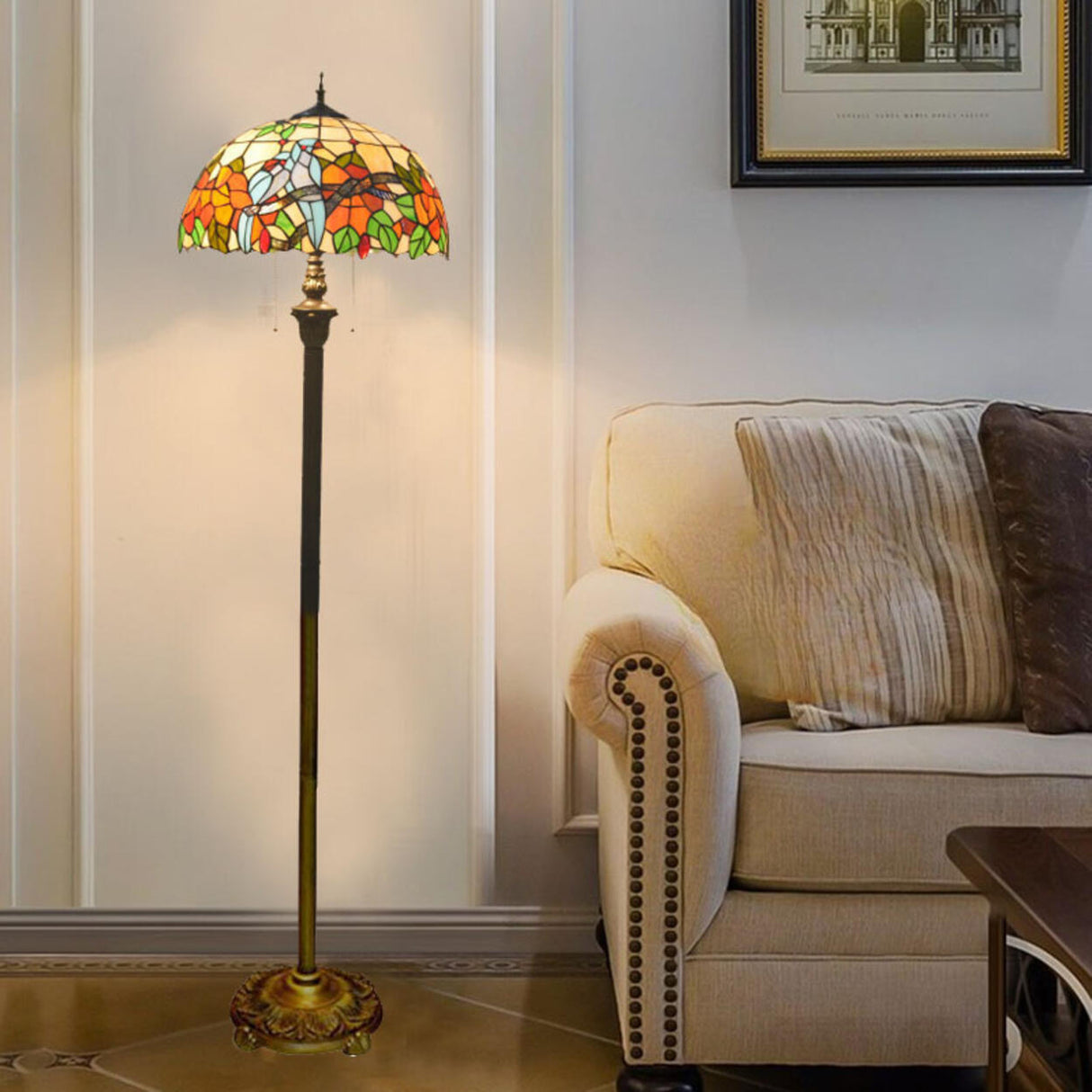 Vintage Modish Stained-Glass Dome Metal Floor Light Image - 9