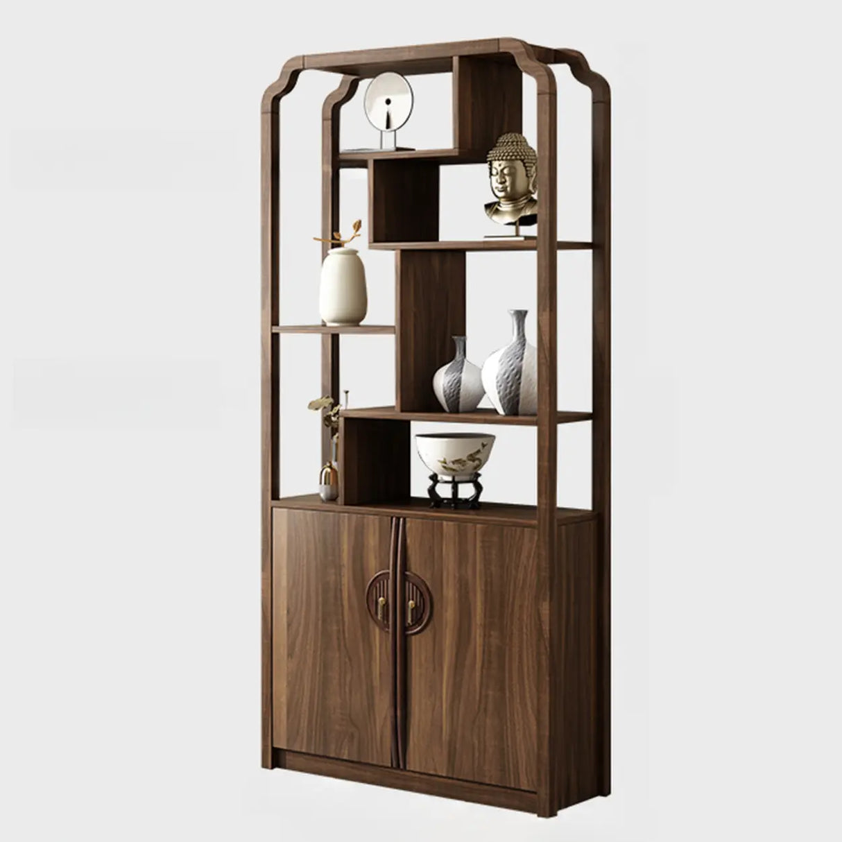 Vintage Open Rubberwood Brown Curio China Cabinets Image - 13