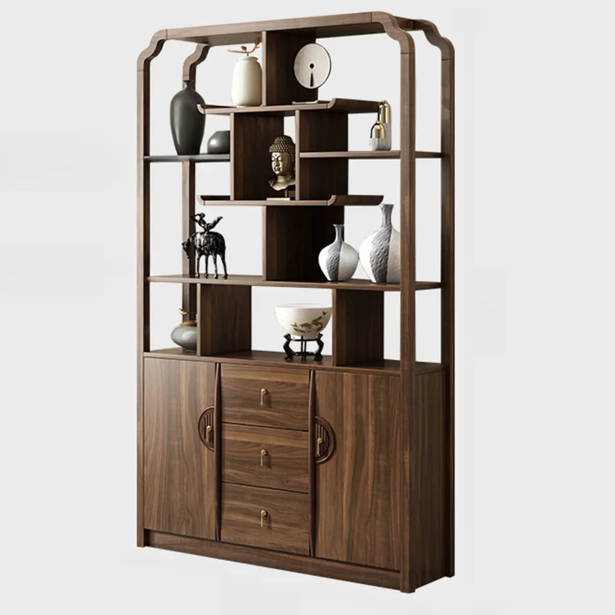 Vintage Open Rubberwood Brown Curio China Cabinets Image - 3