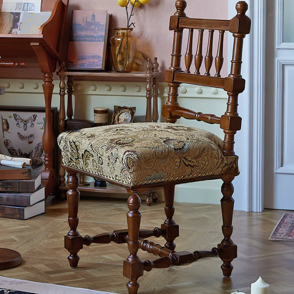 Vintage Pattern Armless Slat Back Birch Dining Chair Image - 2