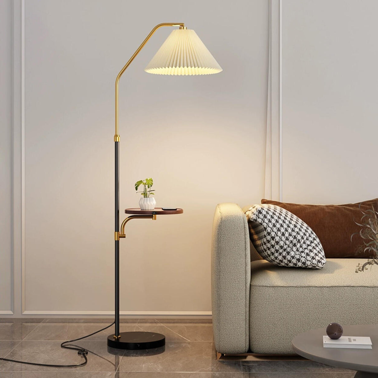 Vintage Pleated Shade Floor Lamp with Side Table Image - 1