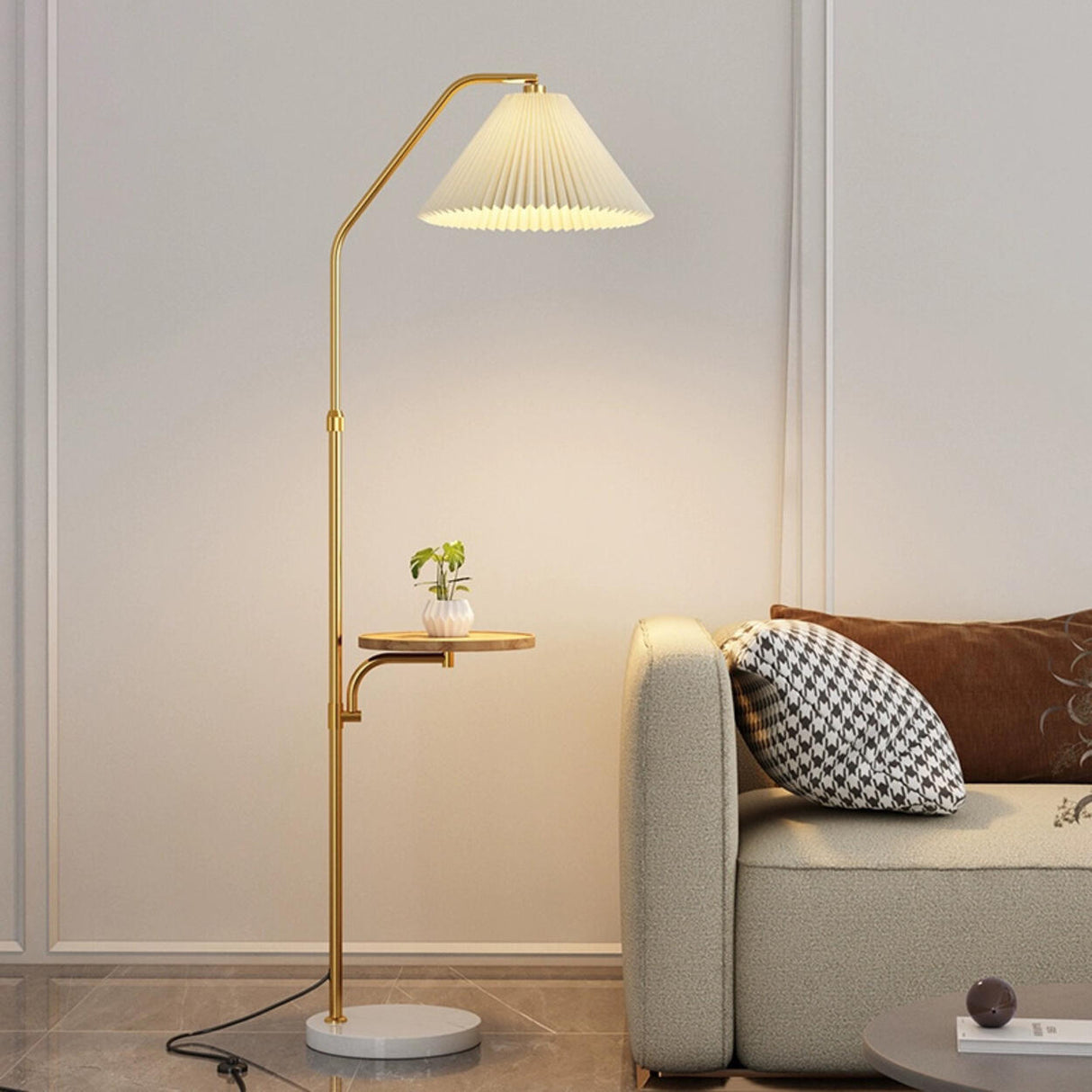 Vintage Pleated Shade Floor Lamp with Side Table Image - 2