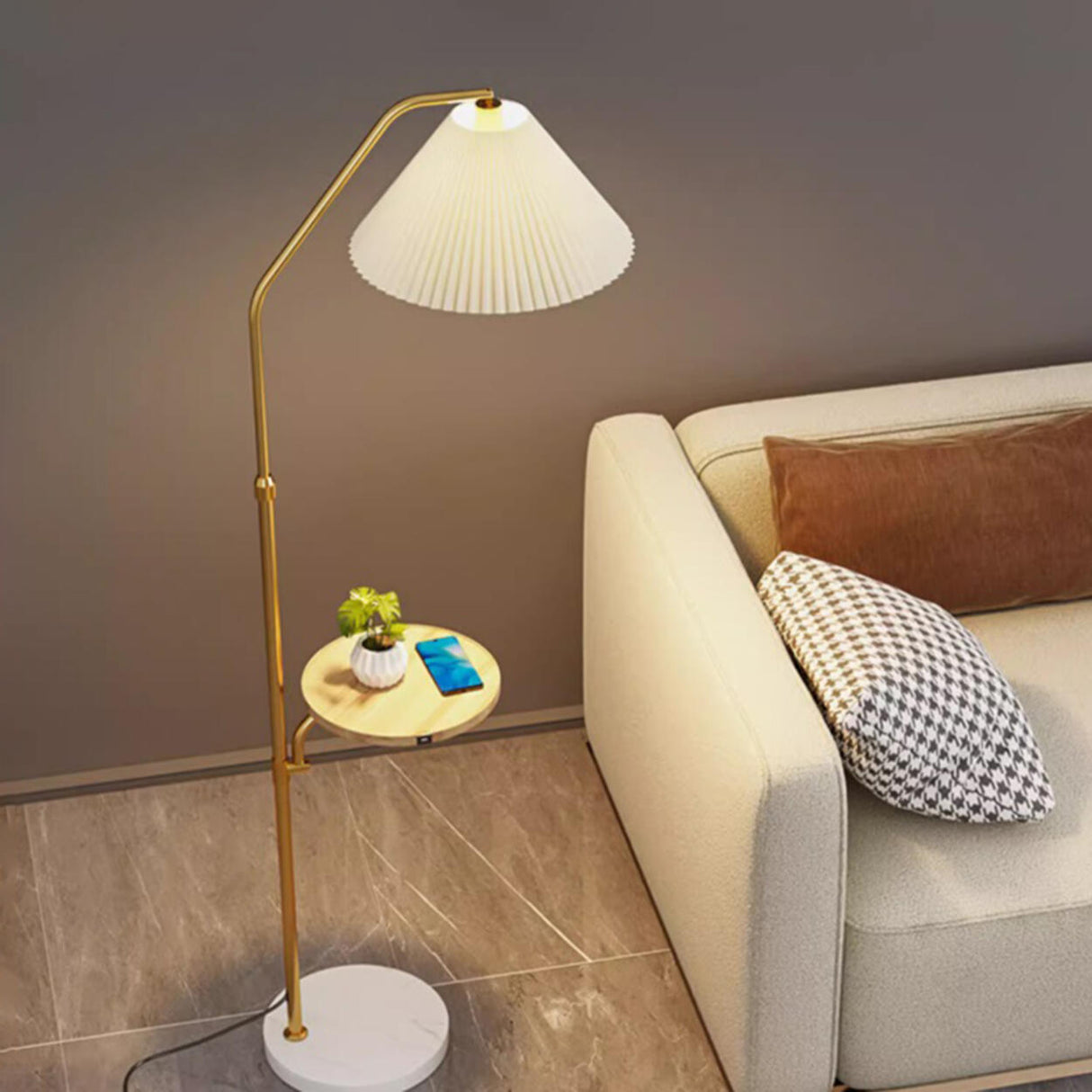 Vintage Pleated Shade Floor Lamp with Side Table Image - 3