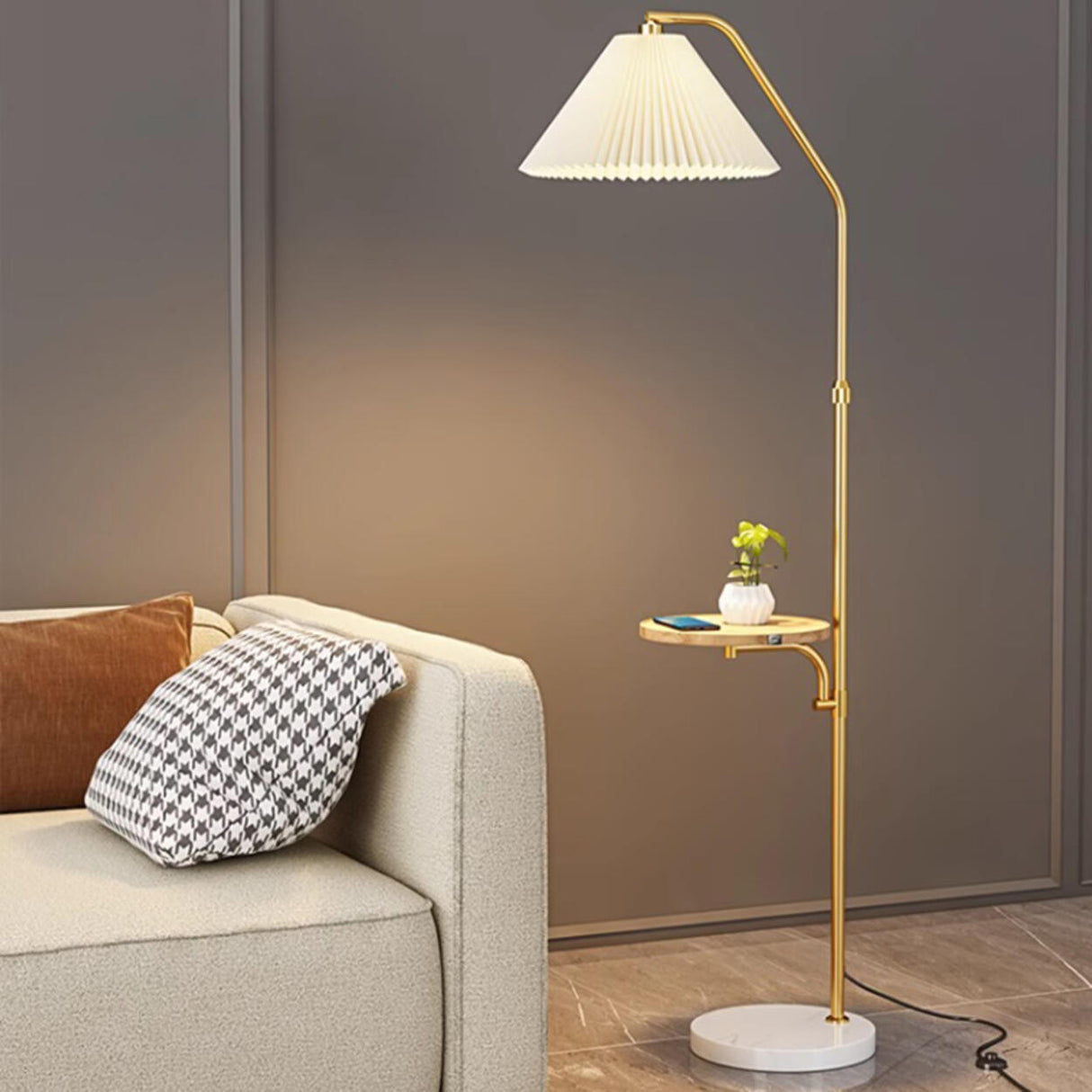 Vintage Pleated Shade Floor Lamp with Side Table Image - 4