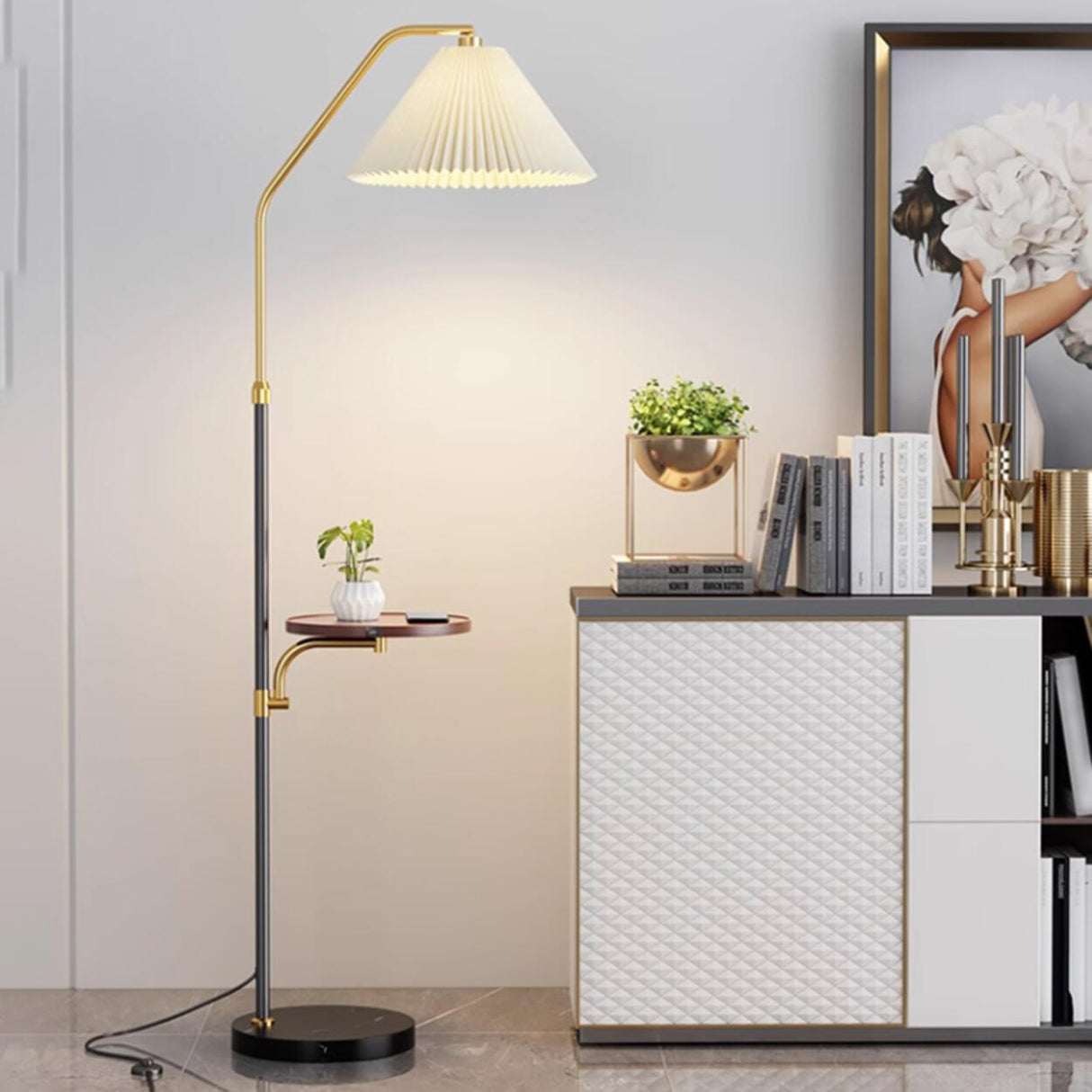 Vintage Pleated Shade Floor Lamp with Side Table Image - 6