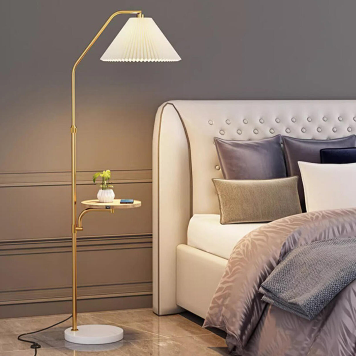 Vintage Pleated Shade Floor Lamp with Side Table Image - 7