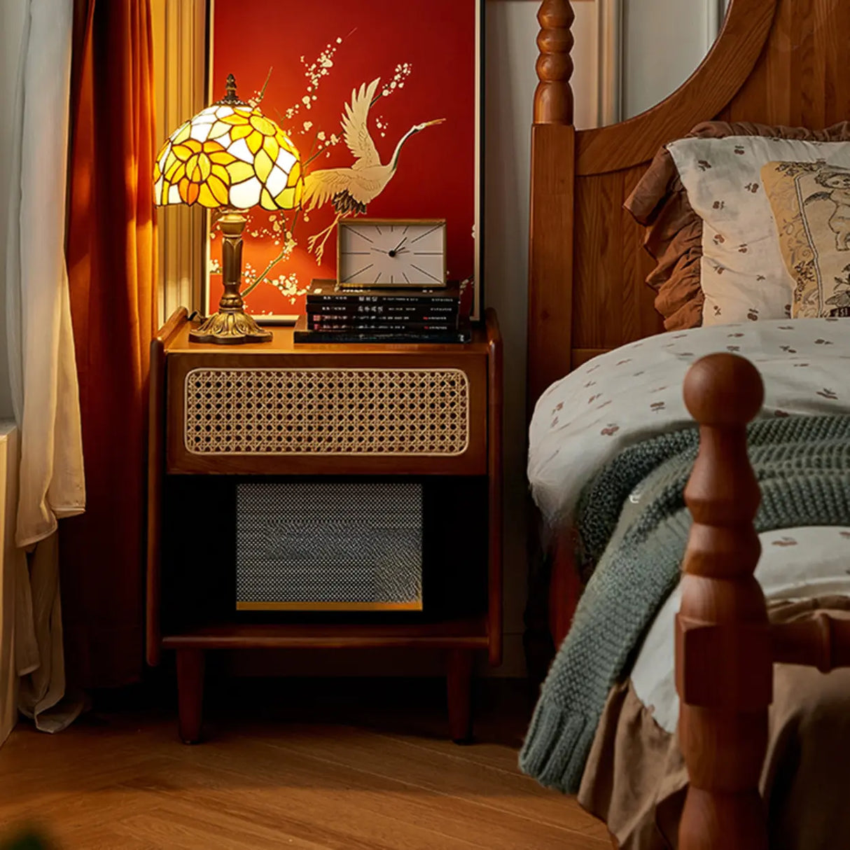 Vintage Rattan Wood Nightstand with Open Shelf Drawers Image - 1