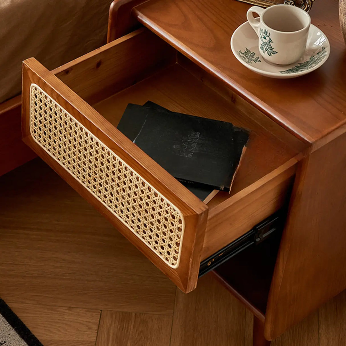 Vintage Rattan Wood Nightstand with Open Shelf Drawers Image - 10
