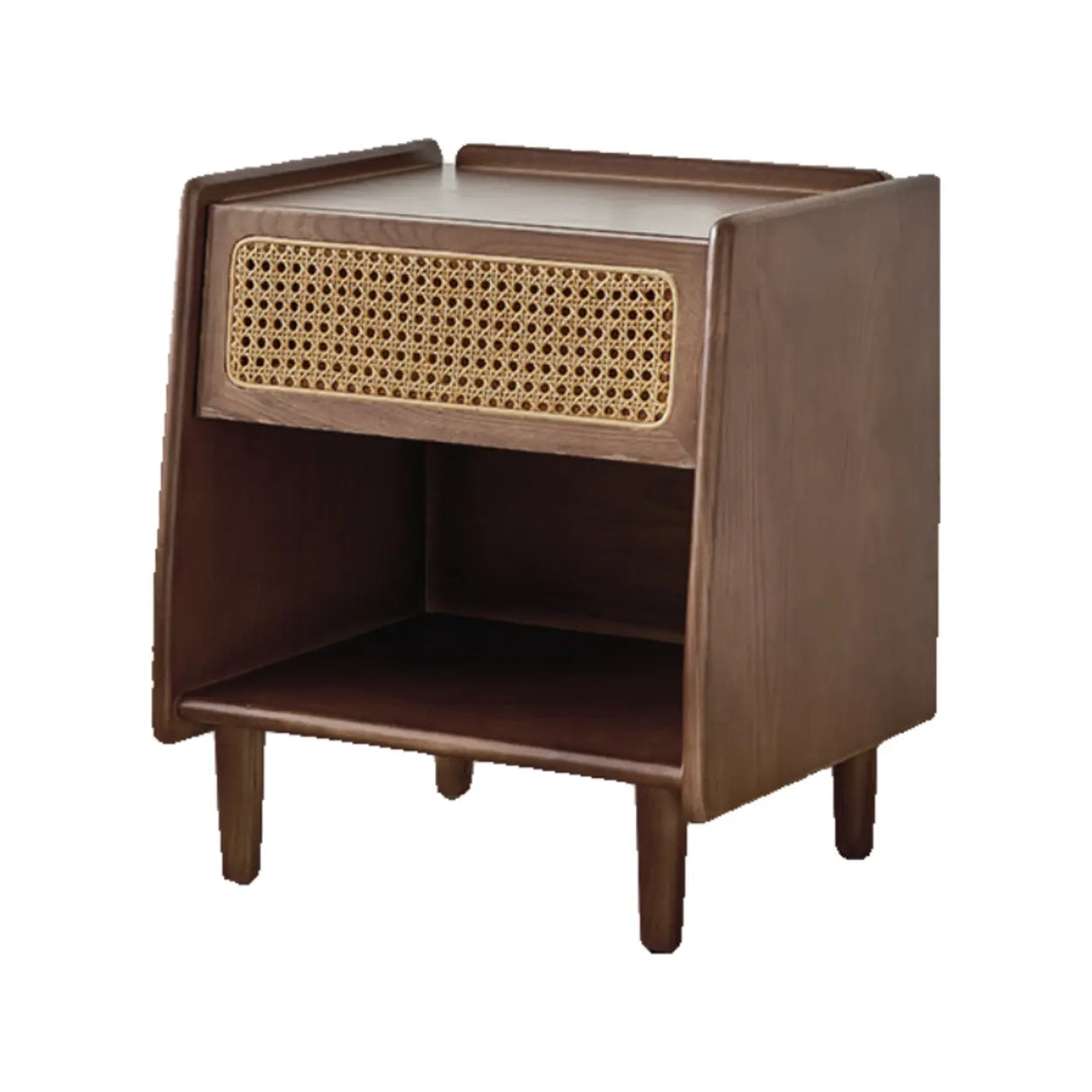 Vintage Rattan Wood Nightstand with Open Shelf Drawers Image - 2