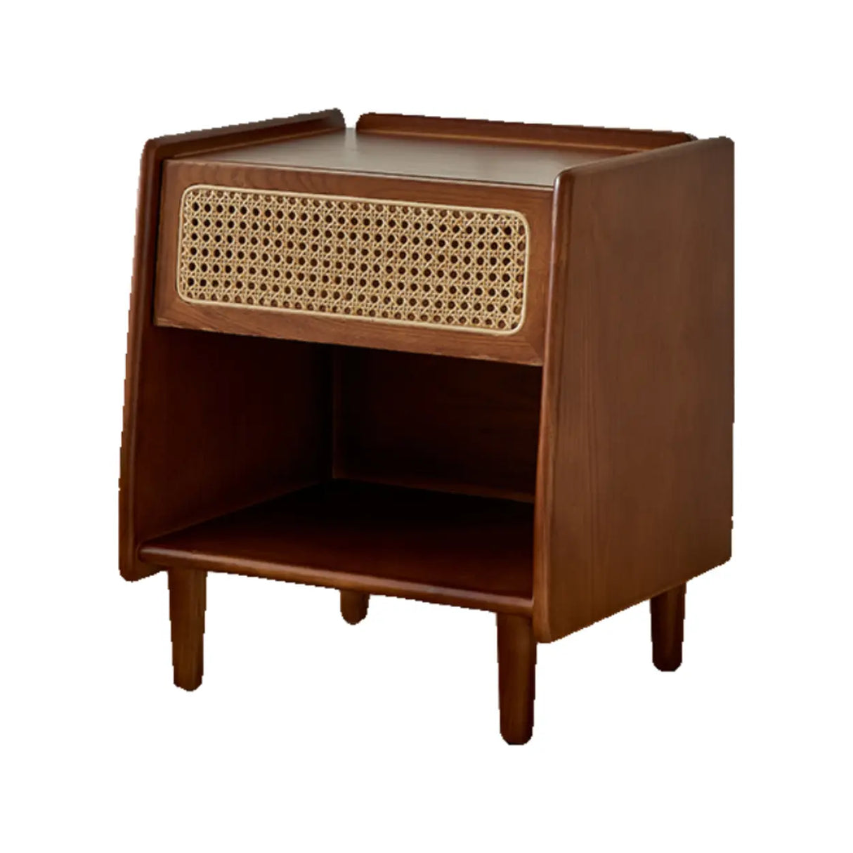 Vintage Rattan Wood Nightstand with Open Shelf Drawers Image - 3