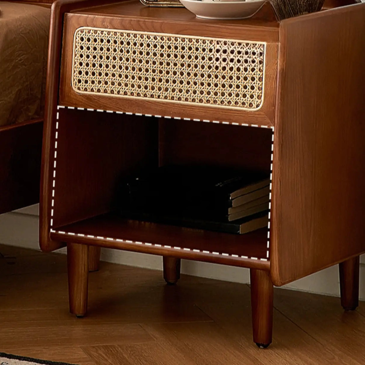 Vintage Rattan Wood Nightstand with Open Shelf Drawers Image - 4