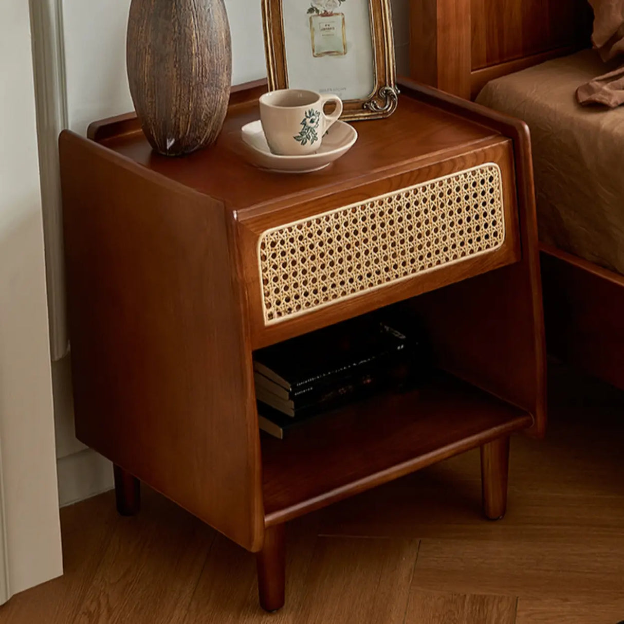 Vintage Rattan Wood Nightstand with Open Shelf Drawers Image - 5