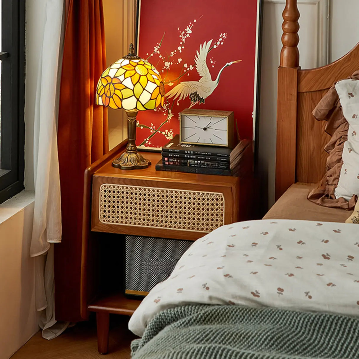 Vintage Rattan Wood Nightstand with Open Shelf Drawers Image - 6