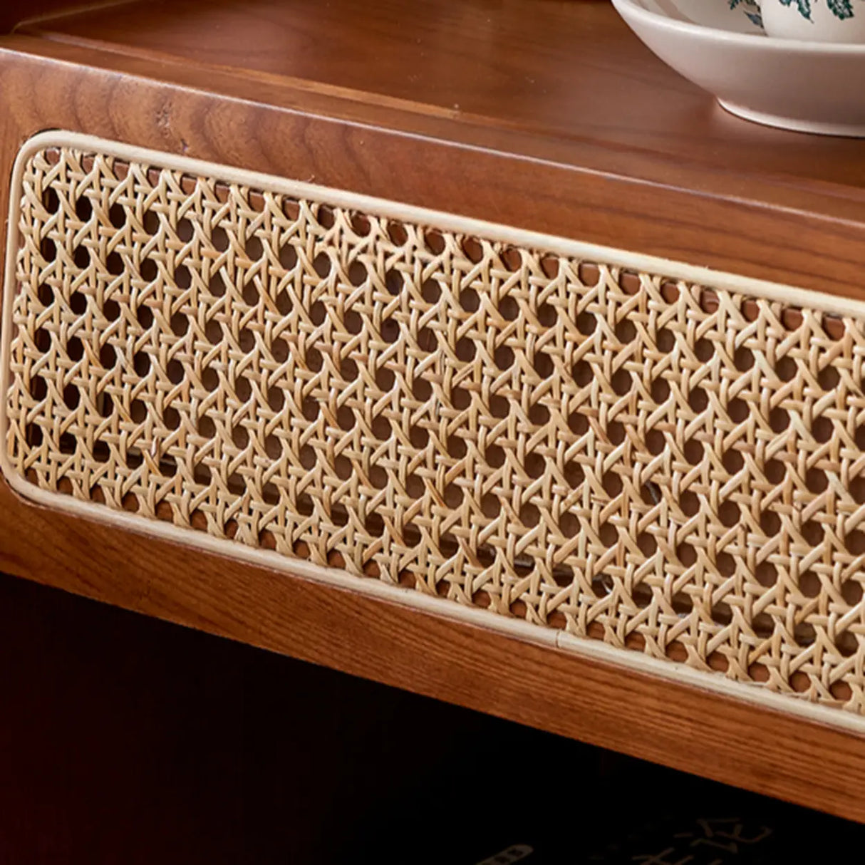 Vintage Rattan Wood Nightstand with Open Shelf Drawers Image - 7