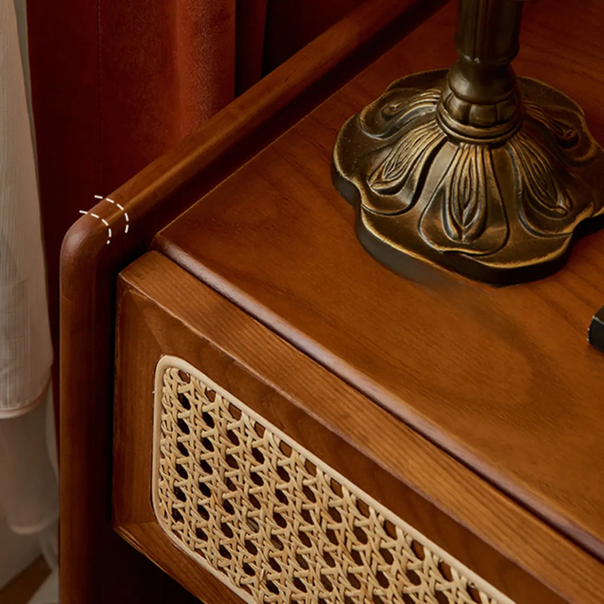 Vintage Rattan Wood Nightstand with Open Shelf Drawers Image - 8