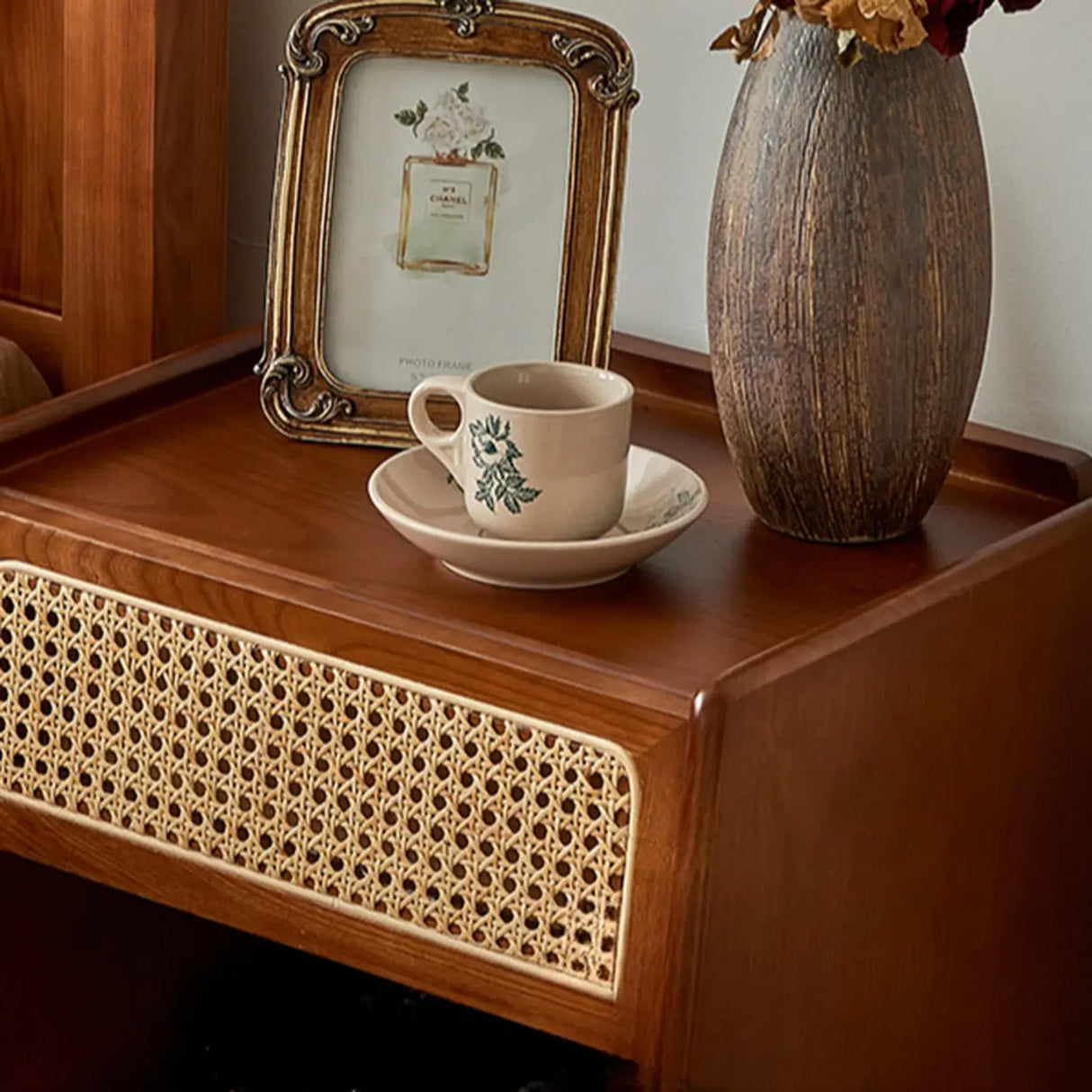 Vintage Rattan Wood Nightstand with Open Shelf Drawers Image - 9