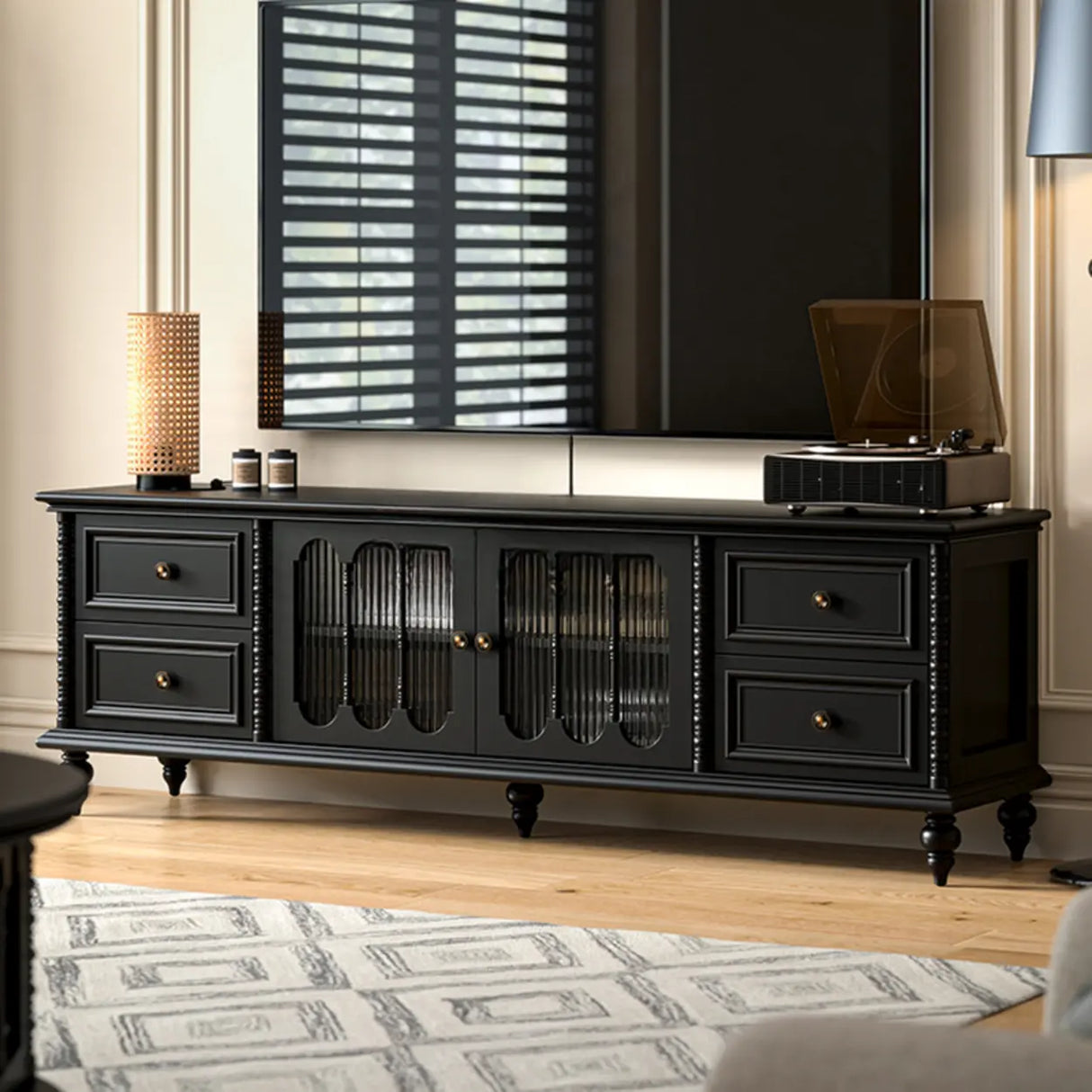 Vintage Rectangle Elegant Black TV Stand With Cabinet Image - 1