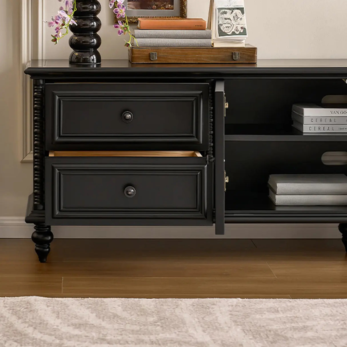 Vintage Rectangle Elegant Black TV Stand With Cabinet Image - 10