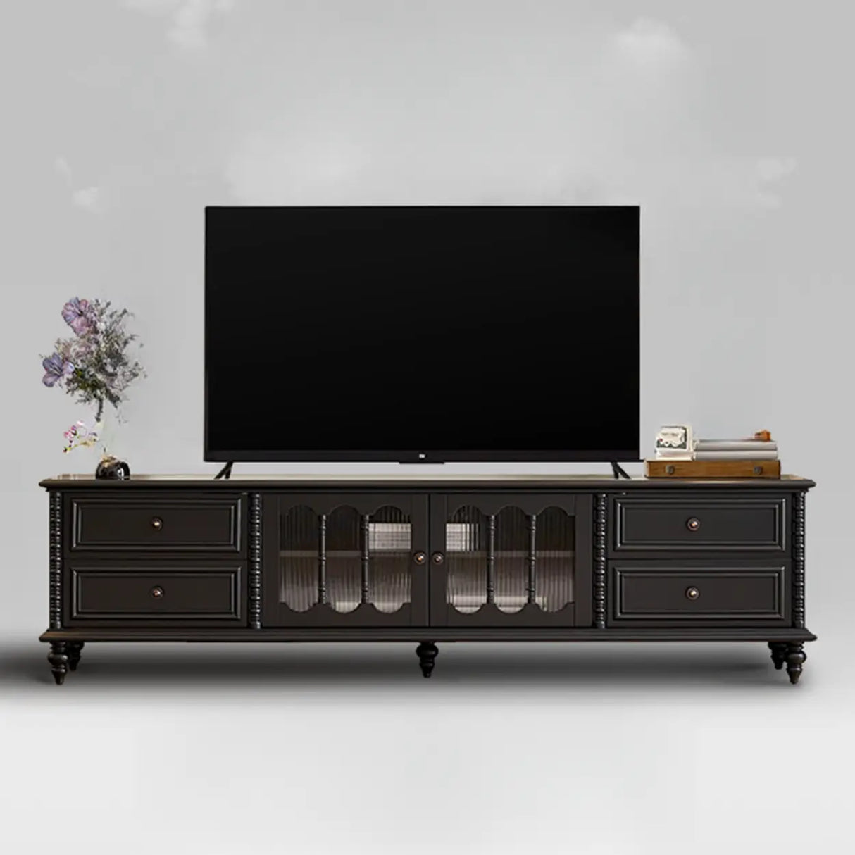 Vintage Rectangle Elegant Black TV Stand With Cabinet Image - 11