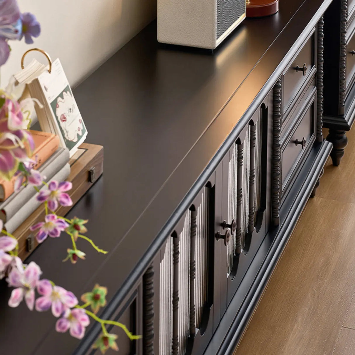 Vintage Rectangle Elegant Black TV Stand With Cabinet Image - 12