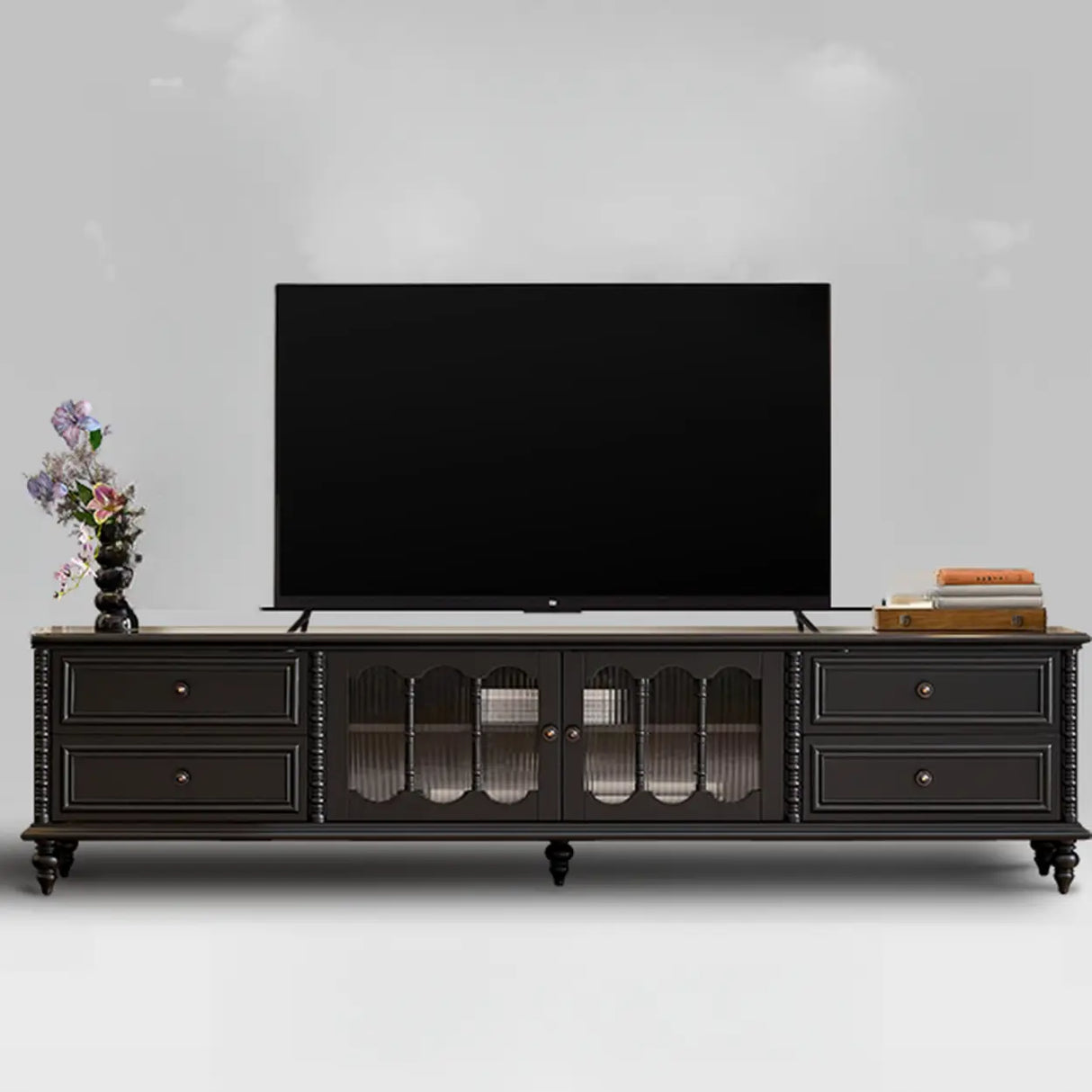 Vintage Rectangle Elegant Black TV Stand With Cabinet Image - 13