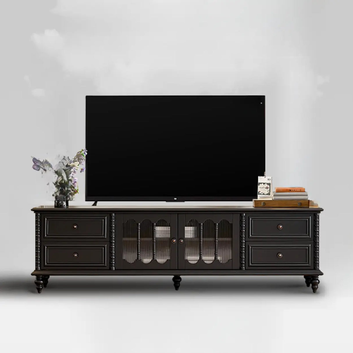 Vintage Rectangle Elegant Black TV Stand With Cabinet Image - 2