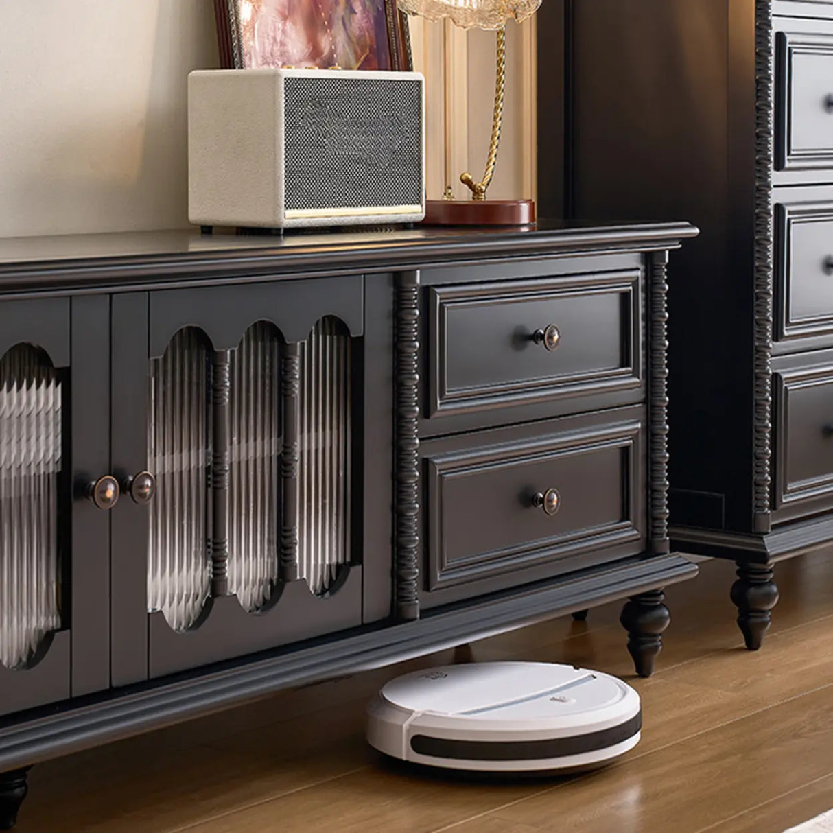 Vintage Rectangle Elegant Black TV Stand With Cabinet Image - 20