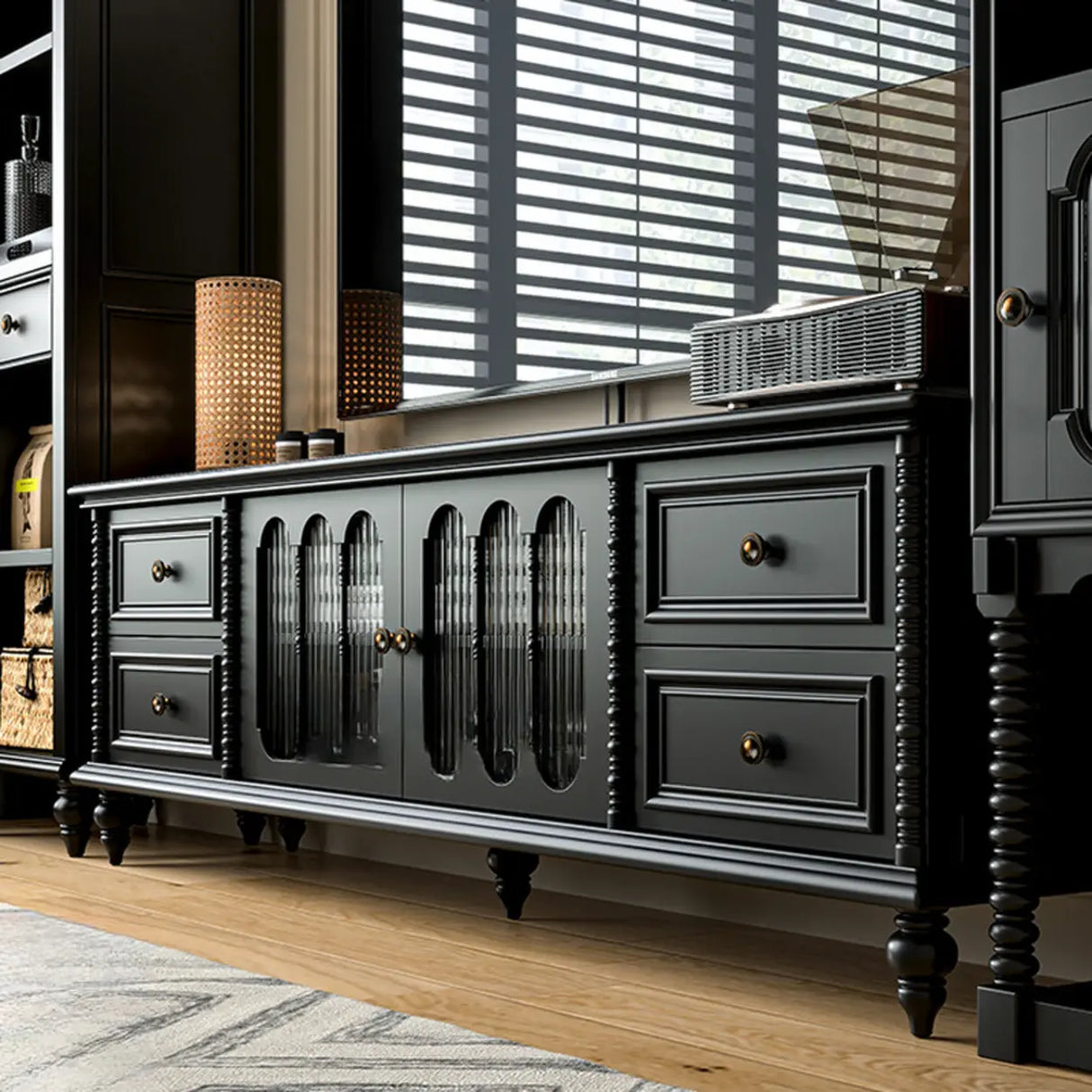 Vintage Rectangle Elegant Black TV Stand With Cabinet Image - 4