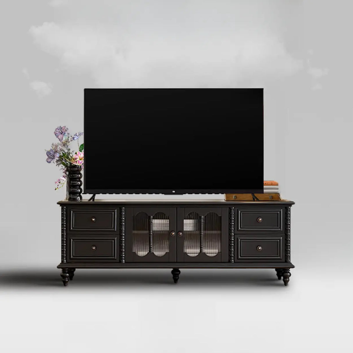Vintage Rectangle Elegant Black TV Stand With Cabinet Image - 5