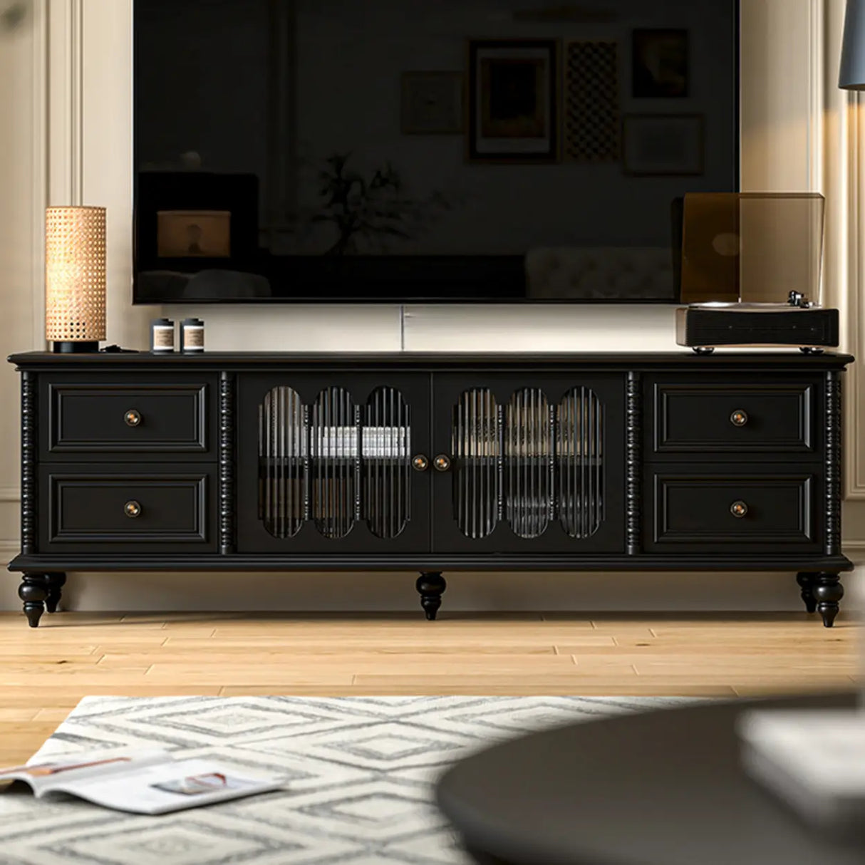 Vintage Rectangle Elegant Black TV Stand With Cabinet Image - 6