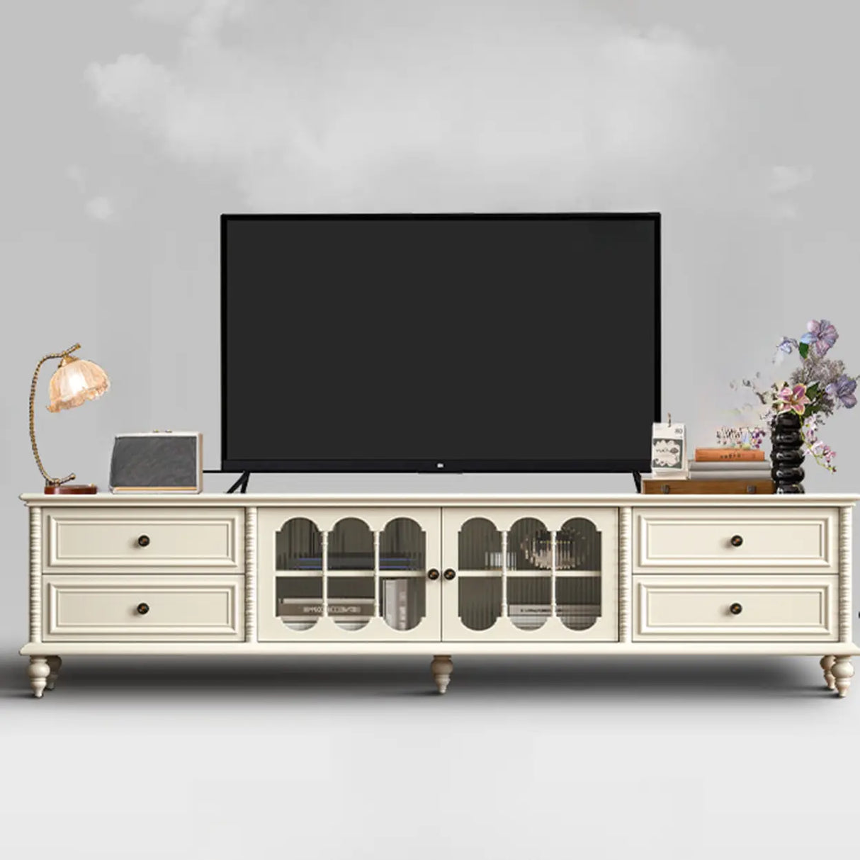 Vintage Rectangle Elegant Black TV Stand With Cabinet Image - 7