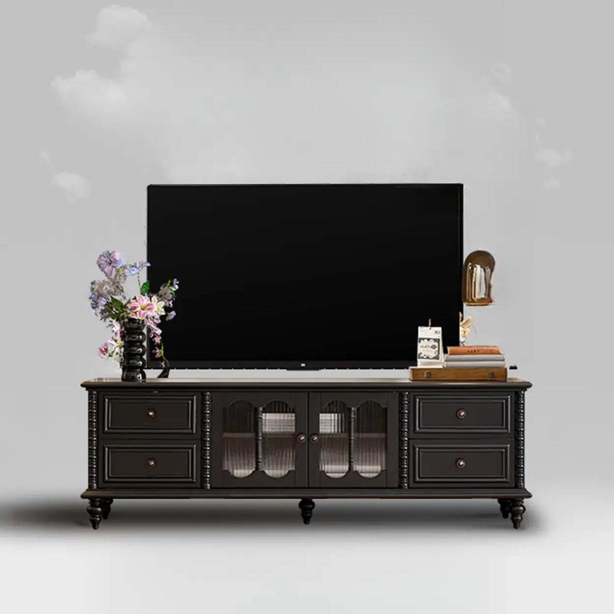 Vintage Rectangle Elegant Black TV Stand With Cabinet Image - 8