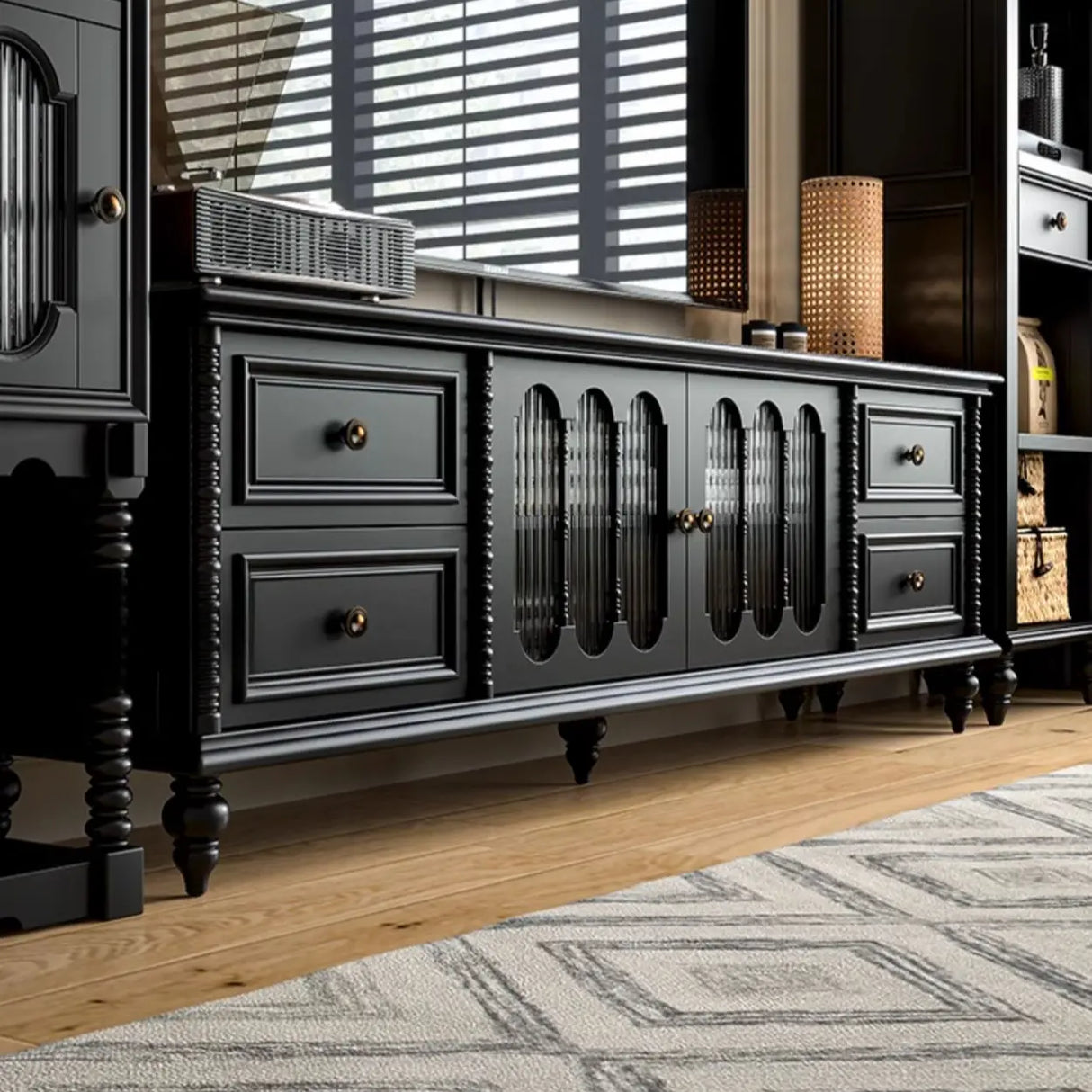 Vintage Rectangle Elegant Black TV Stand With Cabinet Image - 9